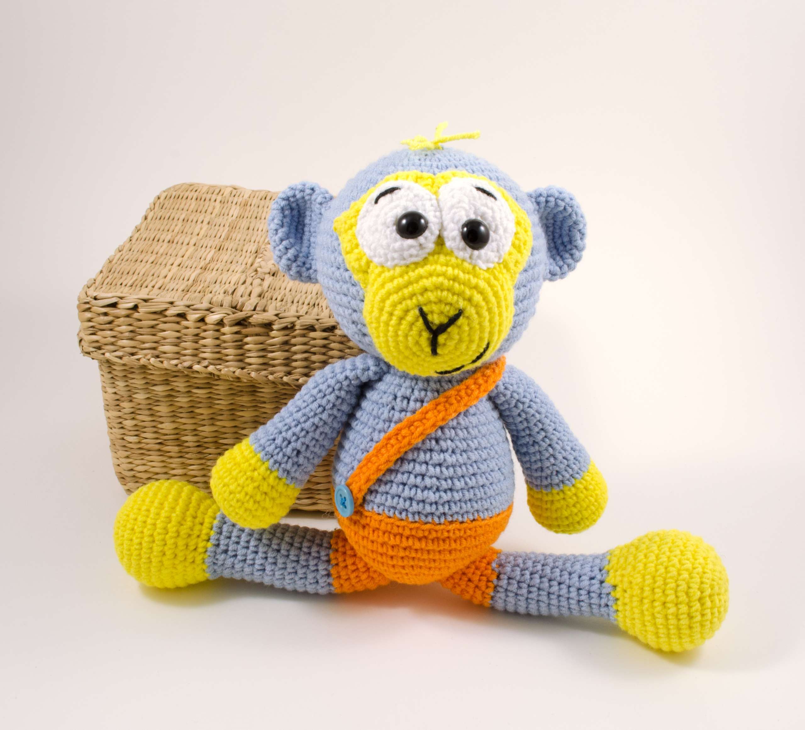 crochet blue monkey toy front view