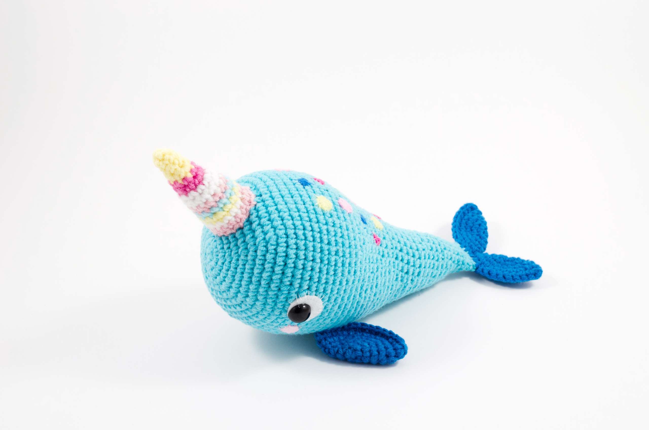 crochet blue narwhal side view