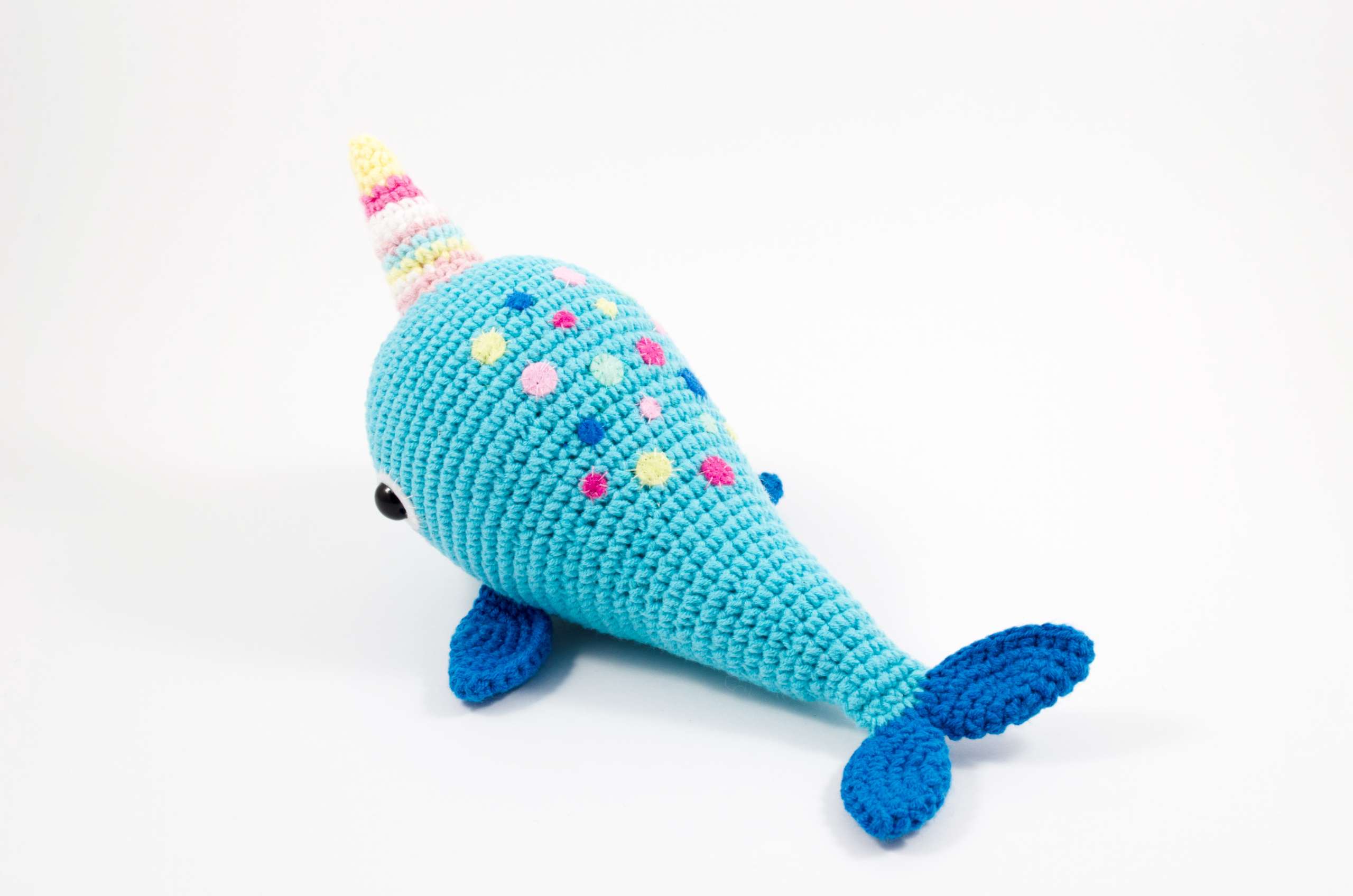 crochet blue narwhal back view