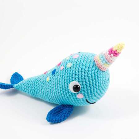 crochet blue narwhal side view