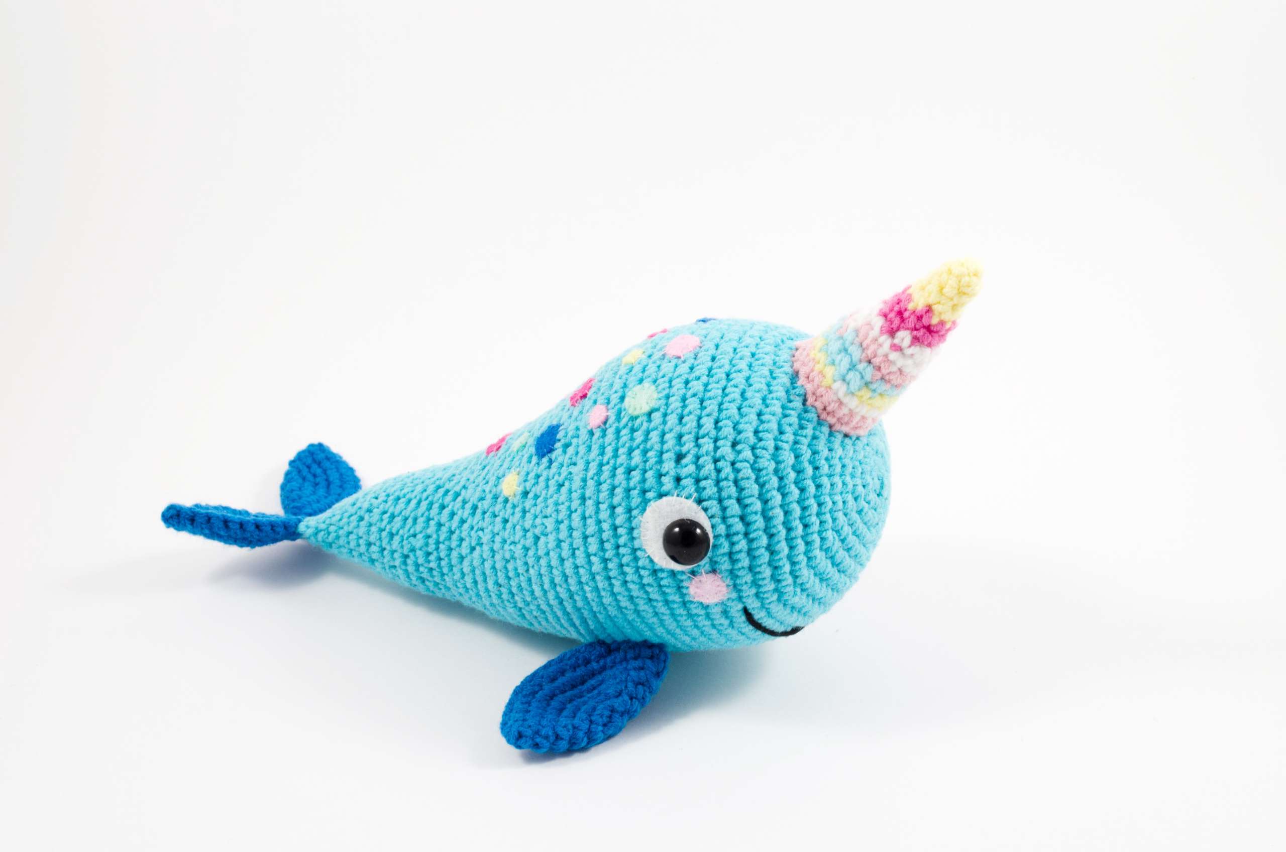 crochet blue narwhal side view