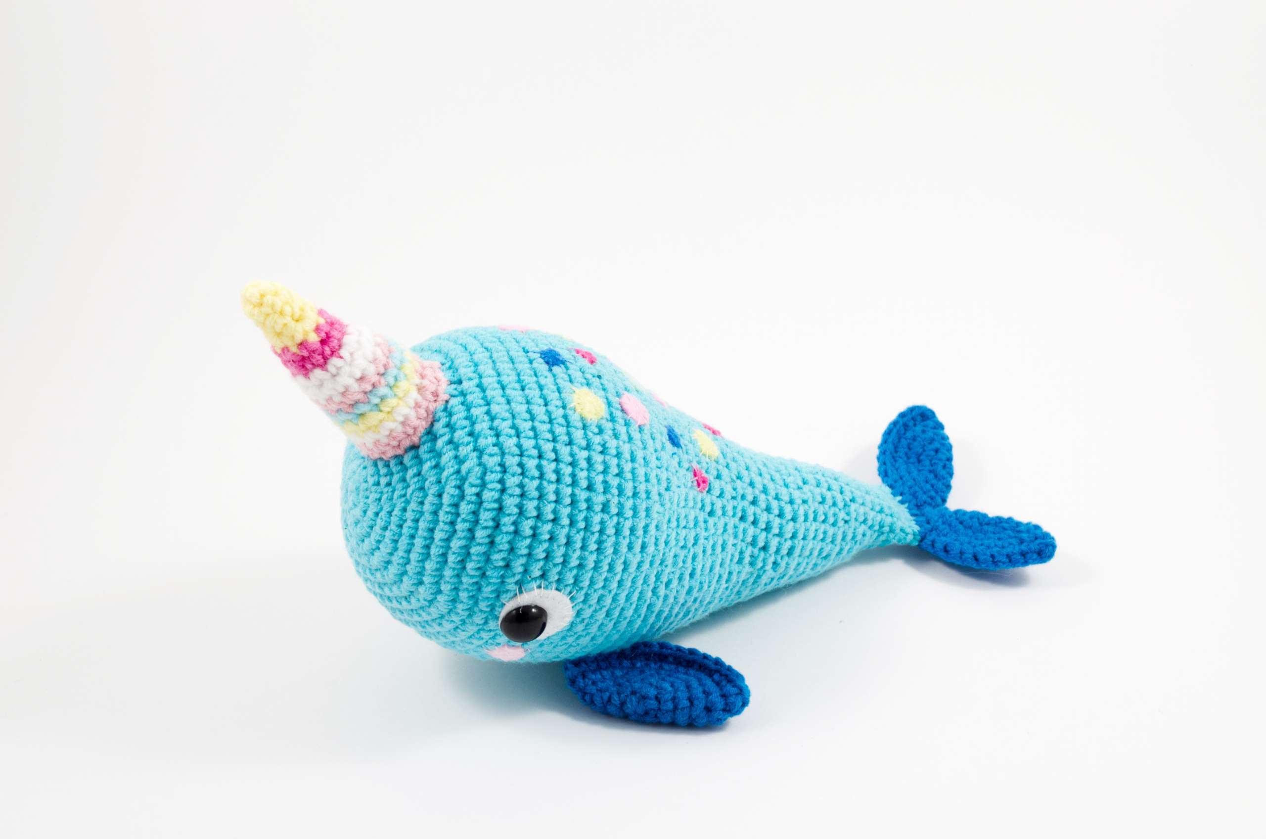 crochet blue narwhal side view