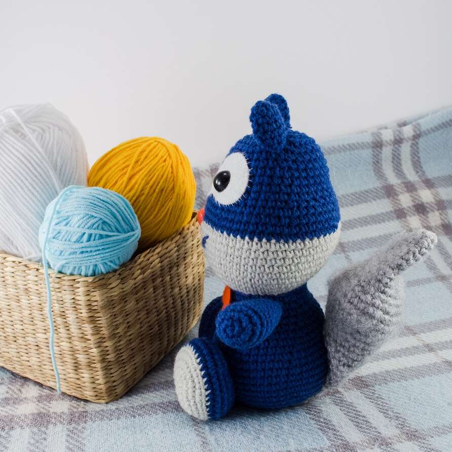 crochet blue squirrel side view