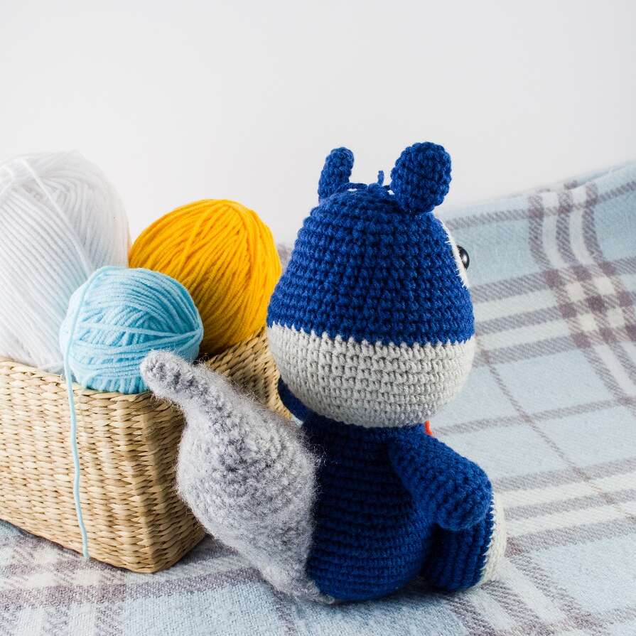 amigurumi blue squirrel back view