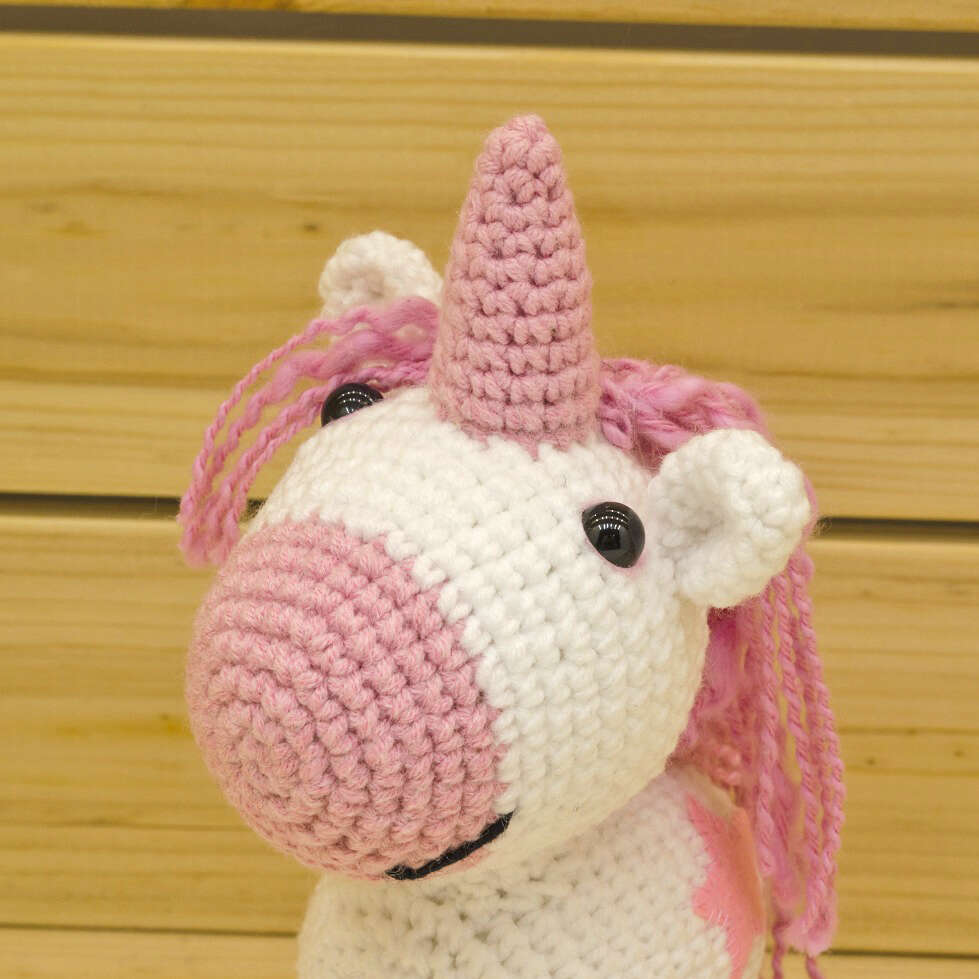 crochet pink unicorn close up