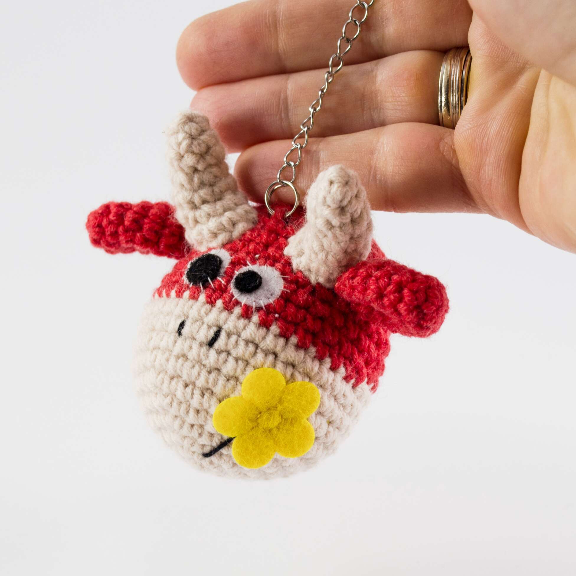 crochet bull keychain closeup